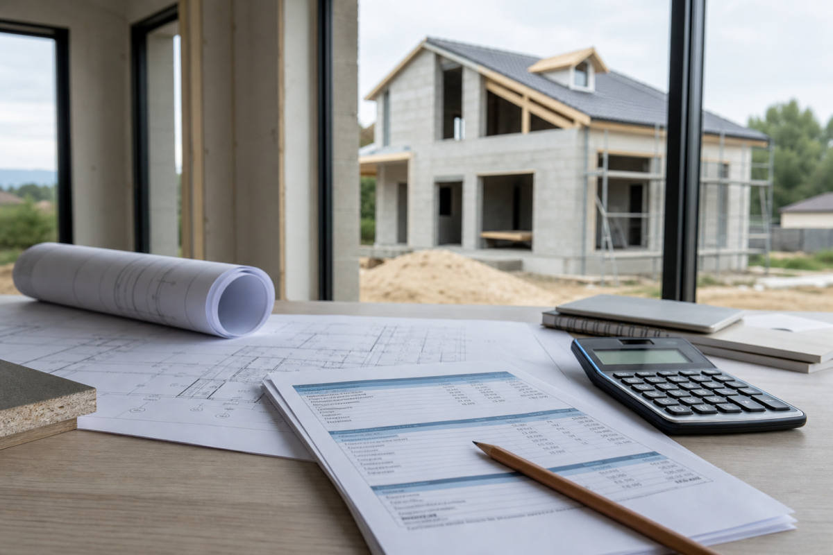 Plans, calculatrice et budget devant une maison en construction